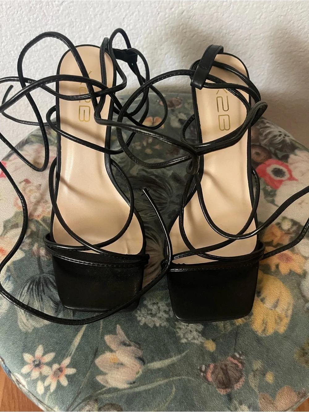 Black Lace-Up Square-Toe High Heel Sandals
